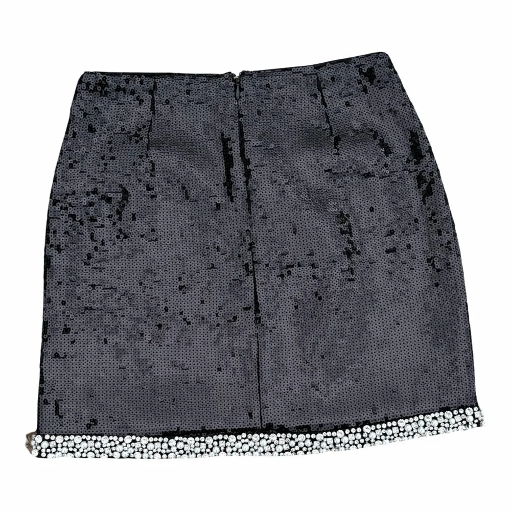 Veronica Beard Black Sequin Mini Skirt with Rhinestone Trim
